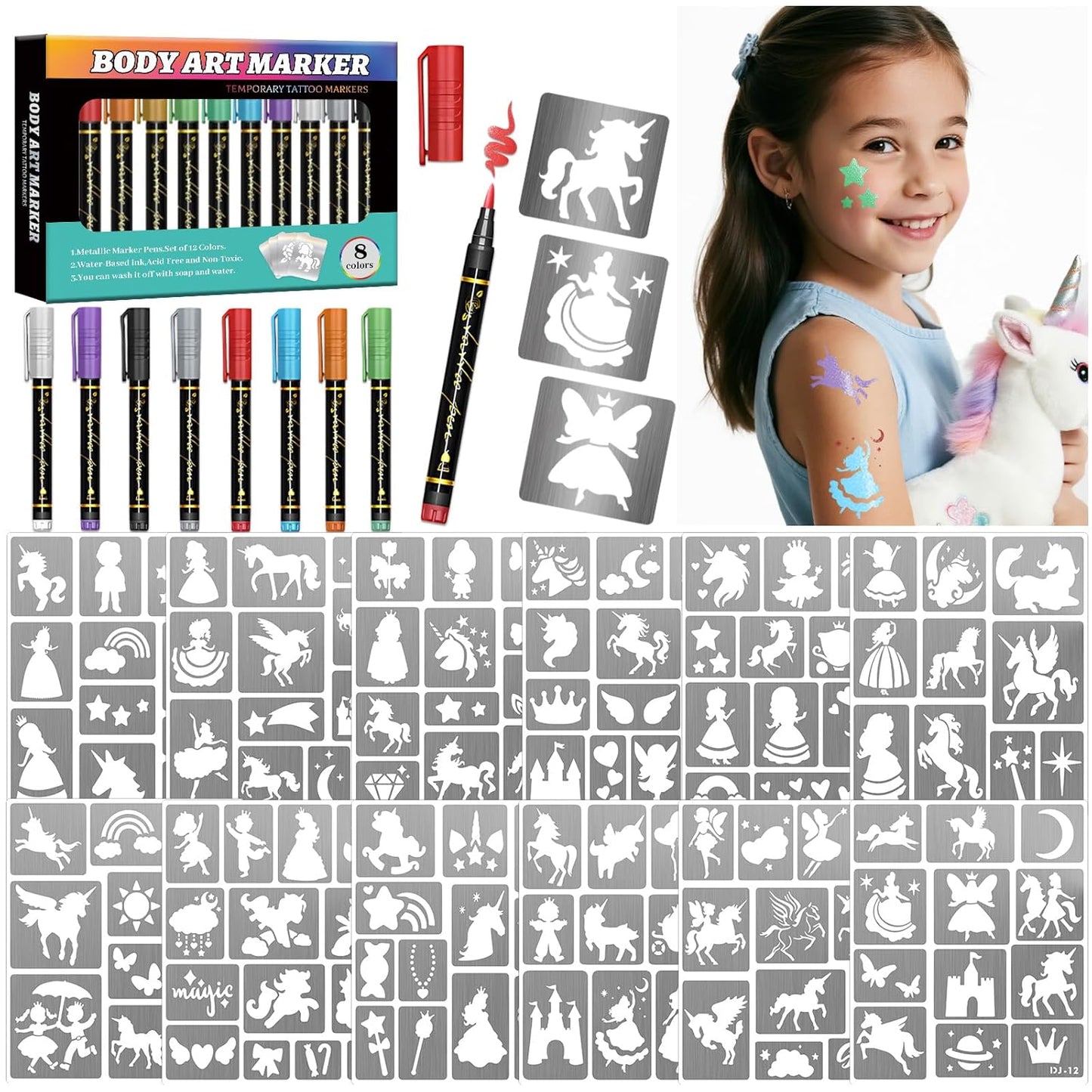Unicorn Temporary Tattoo Markers for Kids, 8 Metallic Markers and 136+ Temporary Tattoo Stencil Designs for Christmas Favor, Cosmetic Tattoos Pens for Boys and Girls