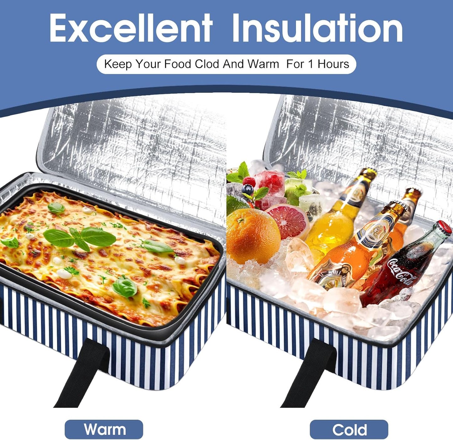 Insulated Casserole Carrier, Portable Casserole Carrier for Hot or Cold Food Lunch Tote Warmer or Cooler Bag, Lasagna Lunch Bag for Potluck Parties- Fits 9" x 13" Baking Dish-Blue Stripes