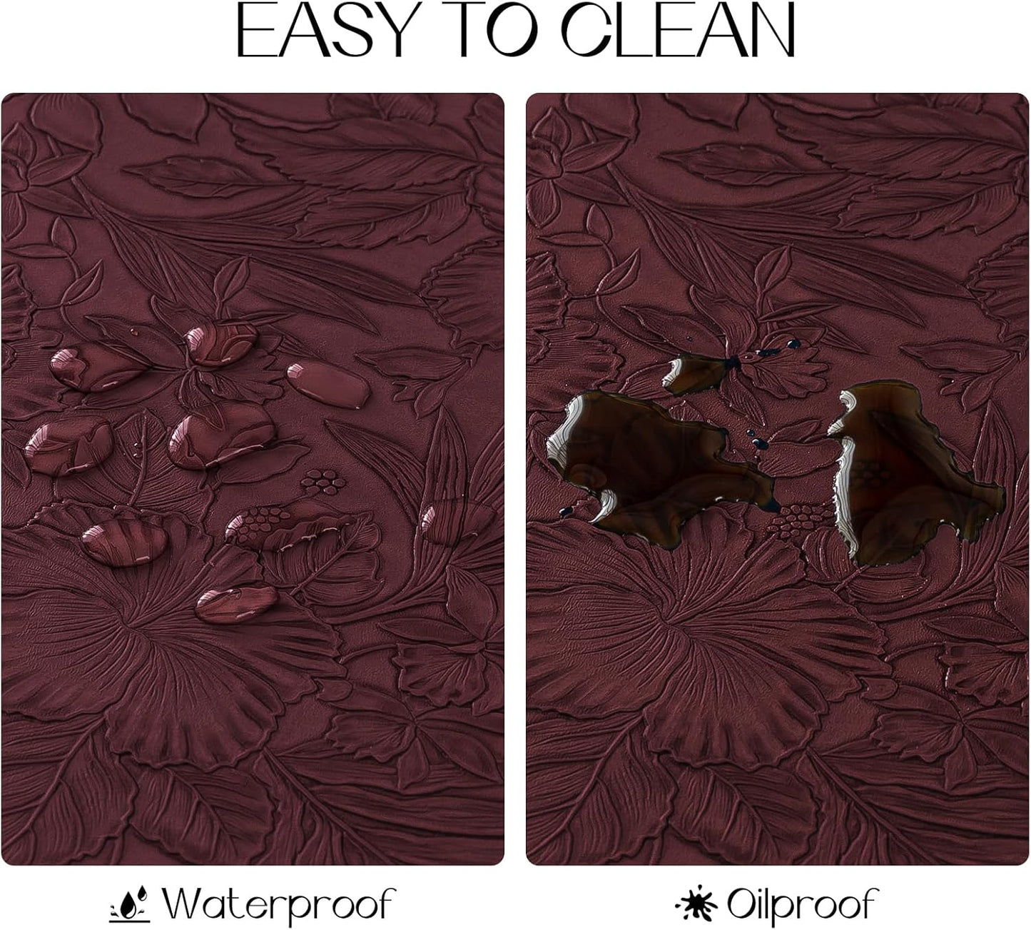Romanstile Vinyl Placemats Set of 4-12 X 18 Inch - Heat Resistant Non-Slip Embossed Floral Place Mats 100% Waterproof Oilproof Wipeable Faux Leather Table Mats for Kitchen/Dining/Party, Burgundy