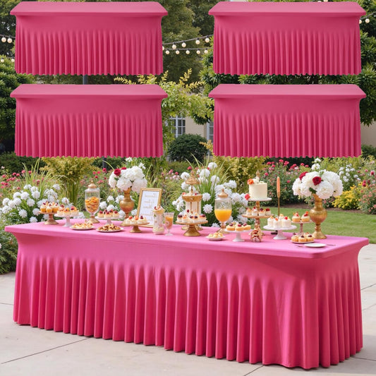 4pk Hot Pink Spandex Tablecloths 6ft for Rectangle Tables, Wrinkle Free Classy Table Skirt Stretchy Fitted Table Cloths Covers 6 Foot for Weddings Birthday Party Events Banquette Baby Shower