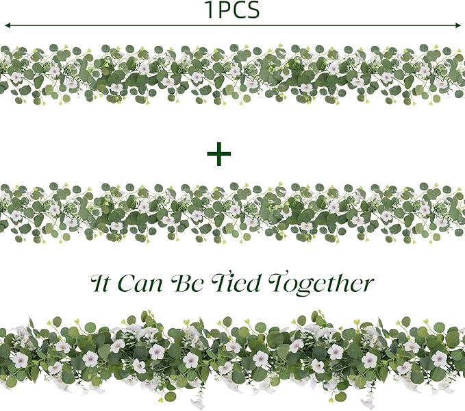 Artificial Eucalyptus Garland with Morning Glory Flowers, 2 Pack Faux Eucalyptus Leaves Greenery Garland Hanging Vines for Wedding Party Backdrop Mantle Table Arch Wall Decor, 6 FT Indoor Outdoor
