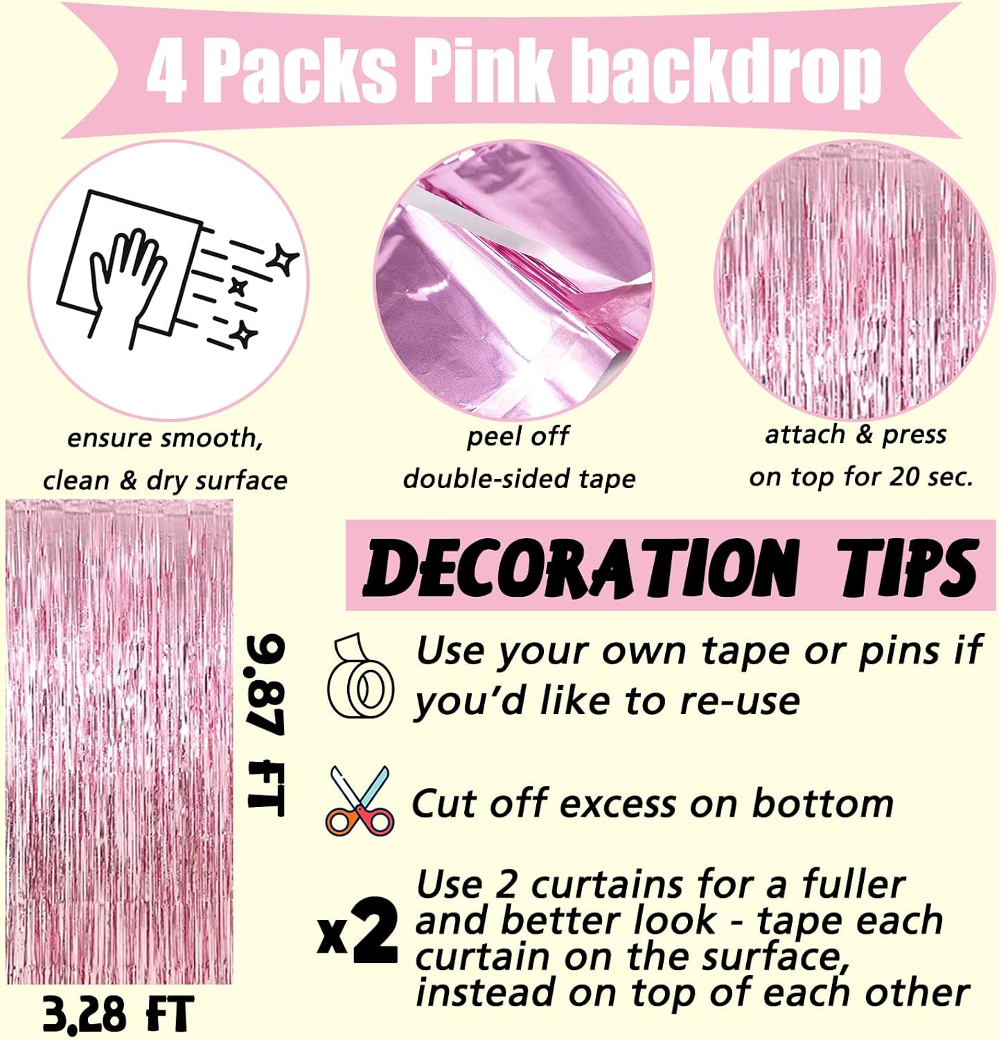 4 Pack Pink Fringe Curtain Backdrop, 3.2Ft x 9.8Ft Metallic Tinsel Foil Fringe Streamers Background for Photo Booth Birthday Wedding Baby Shower Carnival Easter Mother’s Day Party Decorations