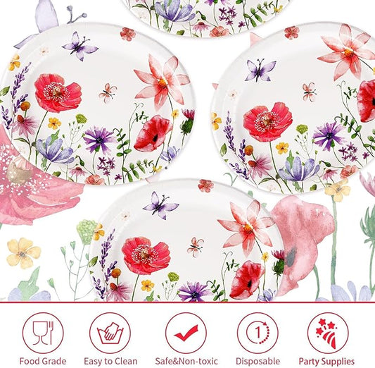 Grencian 50Pcs Floral Oval Paper Plates 10" X 12" Large Disposable Wildflower Plates Heavy Duty Watercolor Flower Platters for Spring Birthday Picnic Wedding Bridal Baby Shower Tea Party Supplies