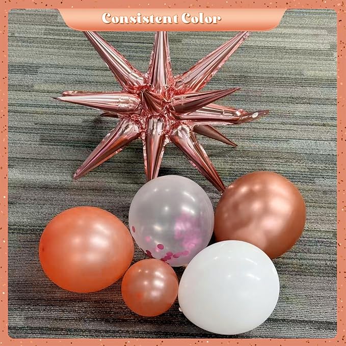 Rose Gold Balloon Garland Kit, 140Pcs Pearl Metallic Pink and White Confetti Balloons With Stars for Birthday Mothers Day Birdal Shower Wedding Sweet 16 Graduation Party Decorations