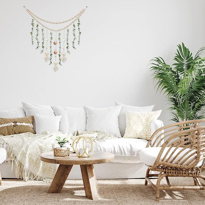 Hanging Eucalyptus Boho Wall Decor Large Boho Bedroom Wall Hanging Wooden Bead Garland Artificial Eucalyptus Natural Greenery Decoration, 36 x 36 Inch (Simple Color, Shell Style)