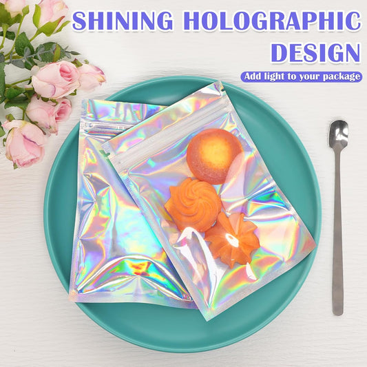 100 Pcs Smell Proof Bag, Zip Lock Mylar Bags with Clear Window, Resealable Holographic Bag for Gift, Jewelry, Snack, Candy, Treat, Small Business Packaging Bags, Small Goody Baggies (4x6in)