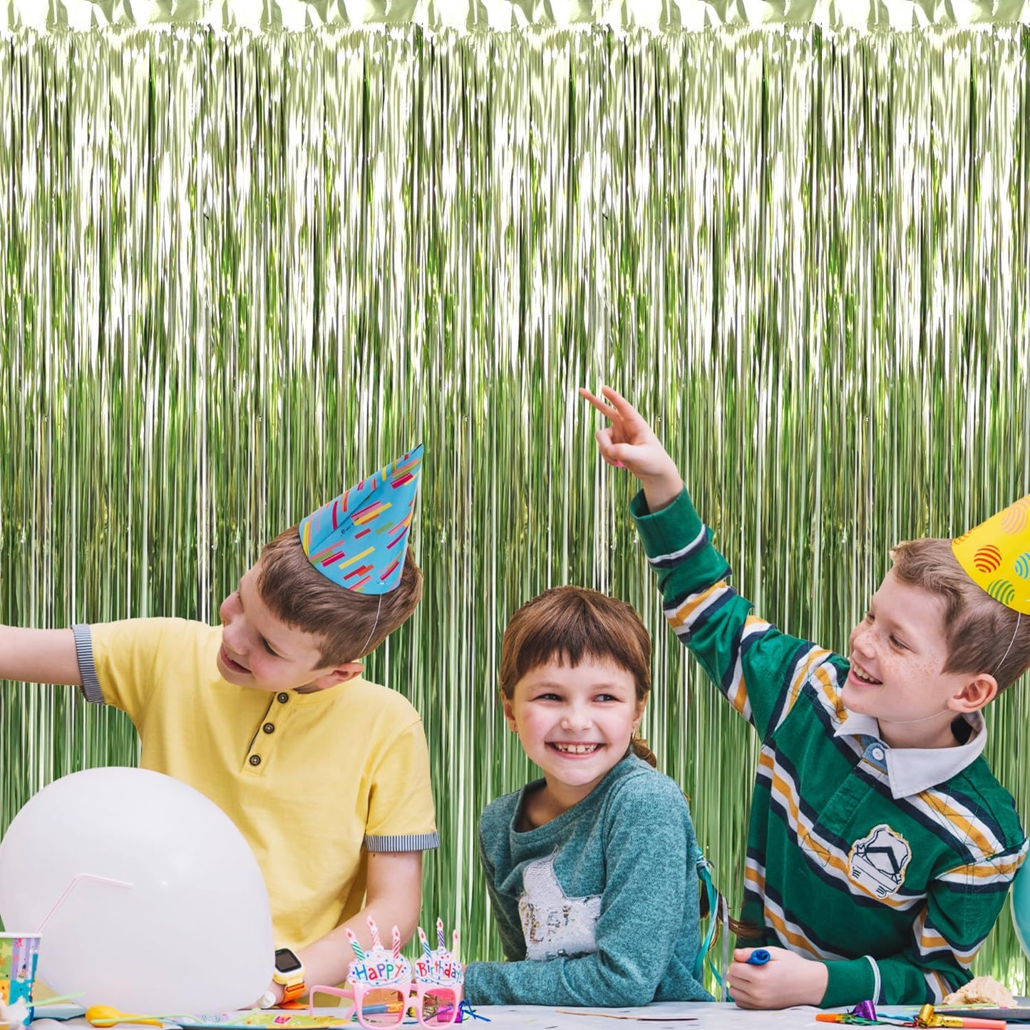 GOER 3.2 ft x 8.2 ft Metallic Tinsel Foil Fringe Curtains,Party Streamer Backdrop for Birthday,Graduation Decorations and New Year Eve (2 Pcs,Sage Green)