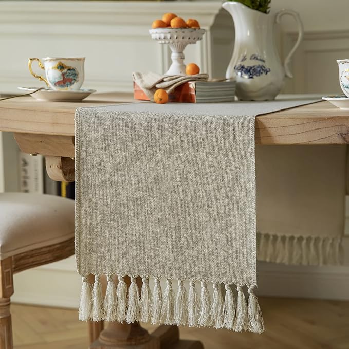ZeeMart Natural Table Runners 108 Inches Long, Burlap Linen Style Rustic Farmhouse Table Runner, Long Boho Dining Table Runner, 13x108 Inches, Natural