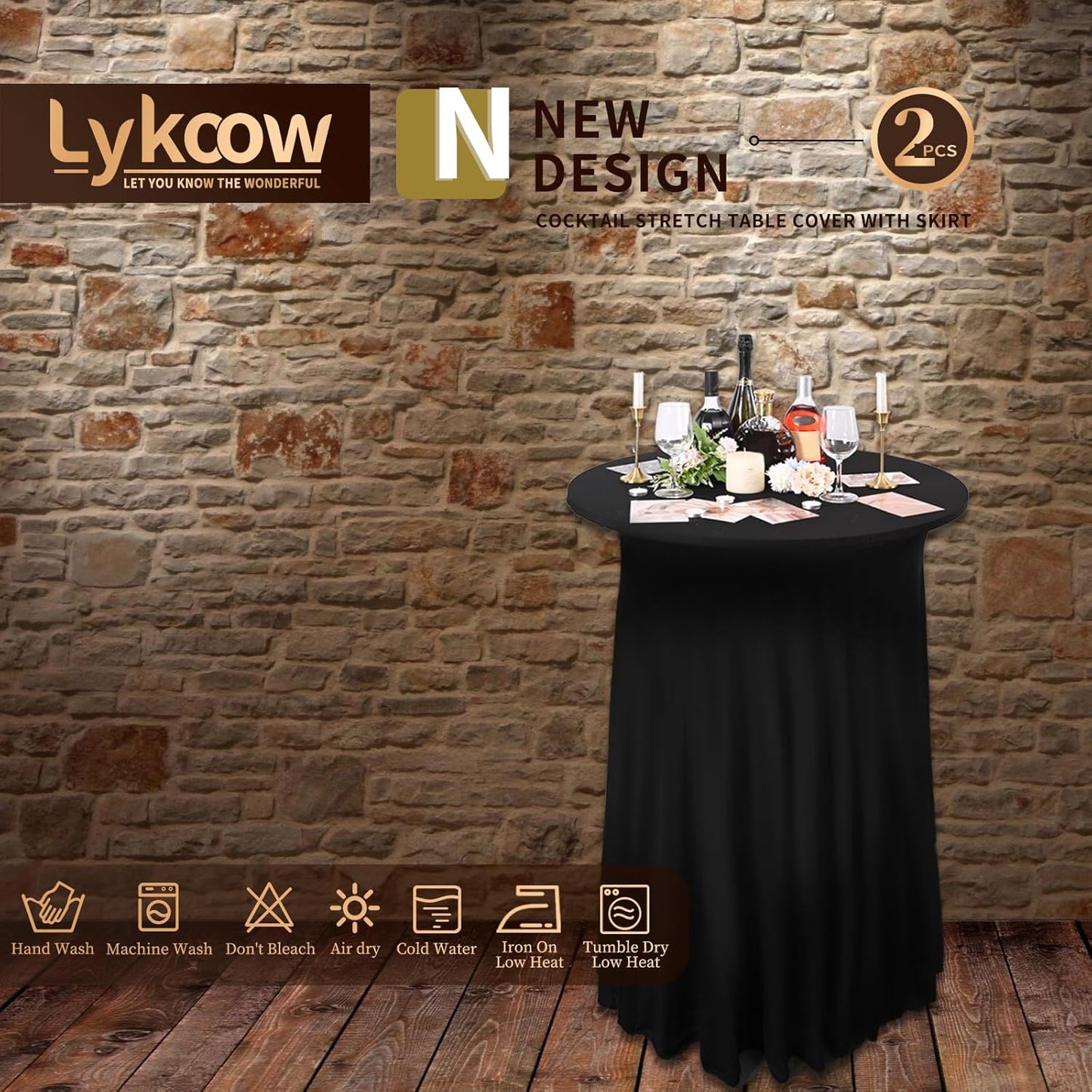 2 Pack Spandex Stretch Cocktail Table Covers with Skirt, Black Round - 24"x43", Fitted High Top Stretch Table Dress for Party, Wedding, and Banquet