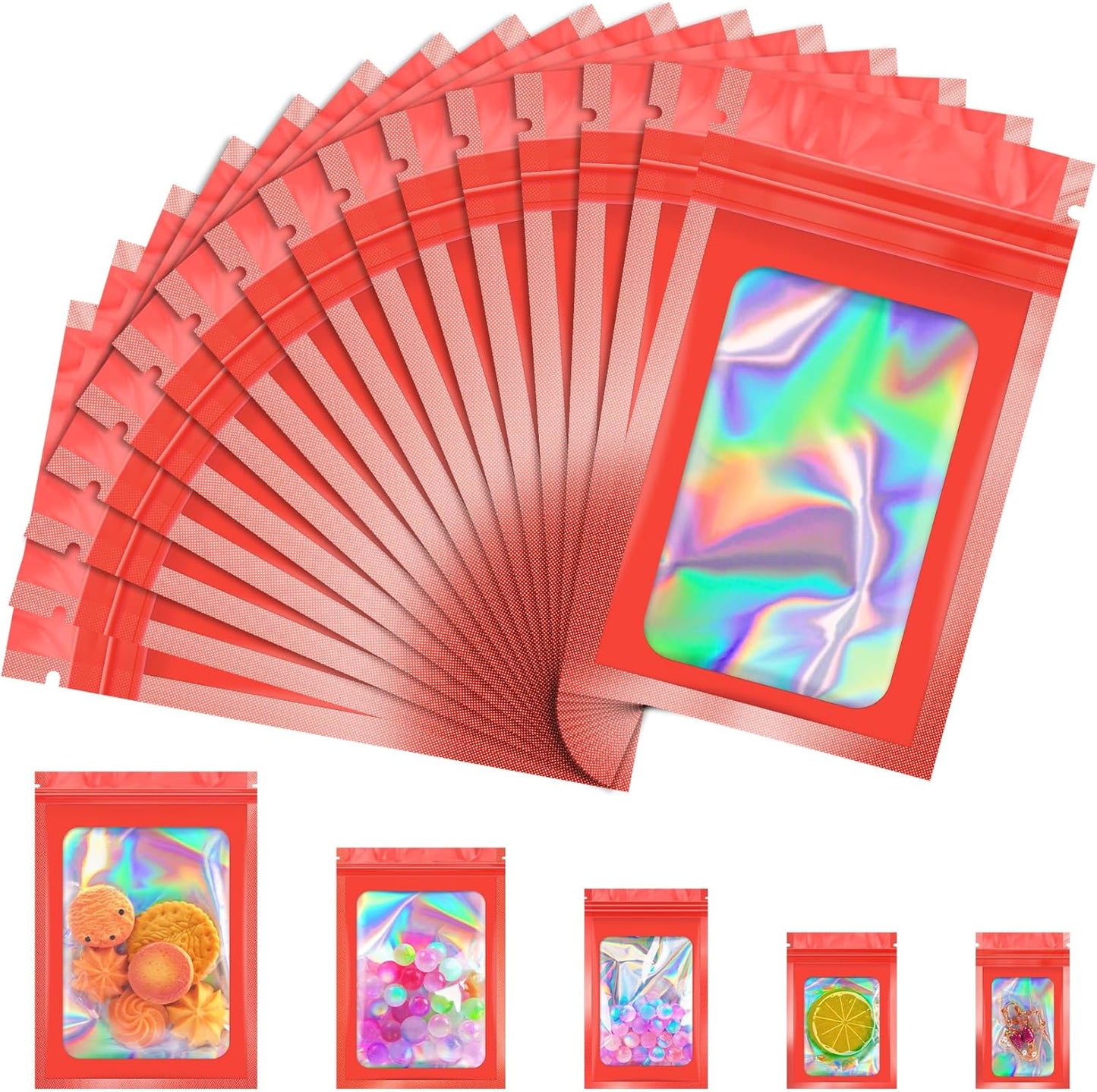 100 Pcs Mylar Bags, Smell Proof Bags Foil Pouch, Holographic Resealable Bags for Small Business, Candy Sample Jewelry Bag Sealable Packaging for Party Favor Food Storage (2.8x3.9in-Red)