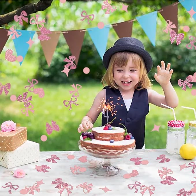 240 Pcs Pink Bow Confetti, Bow Theme Glitter Table Scatter for Coquette Baby Shower and Birthday Party Decoration (Pink)