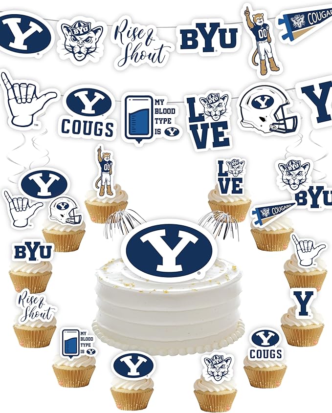 Brigham Young University Party Supplies for Cougs Football, Birthday Gift, Graduation Party Banner and Cake Toppers (42 Pieces) (BYU Cougars)