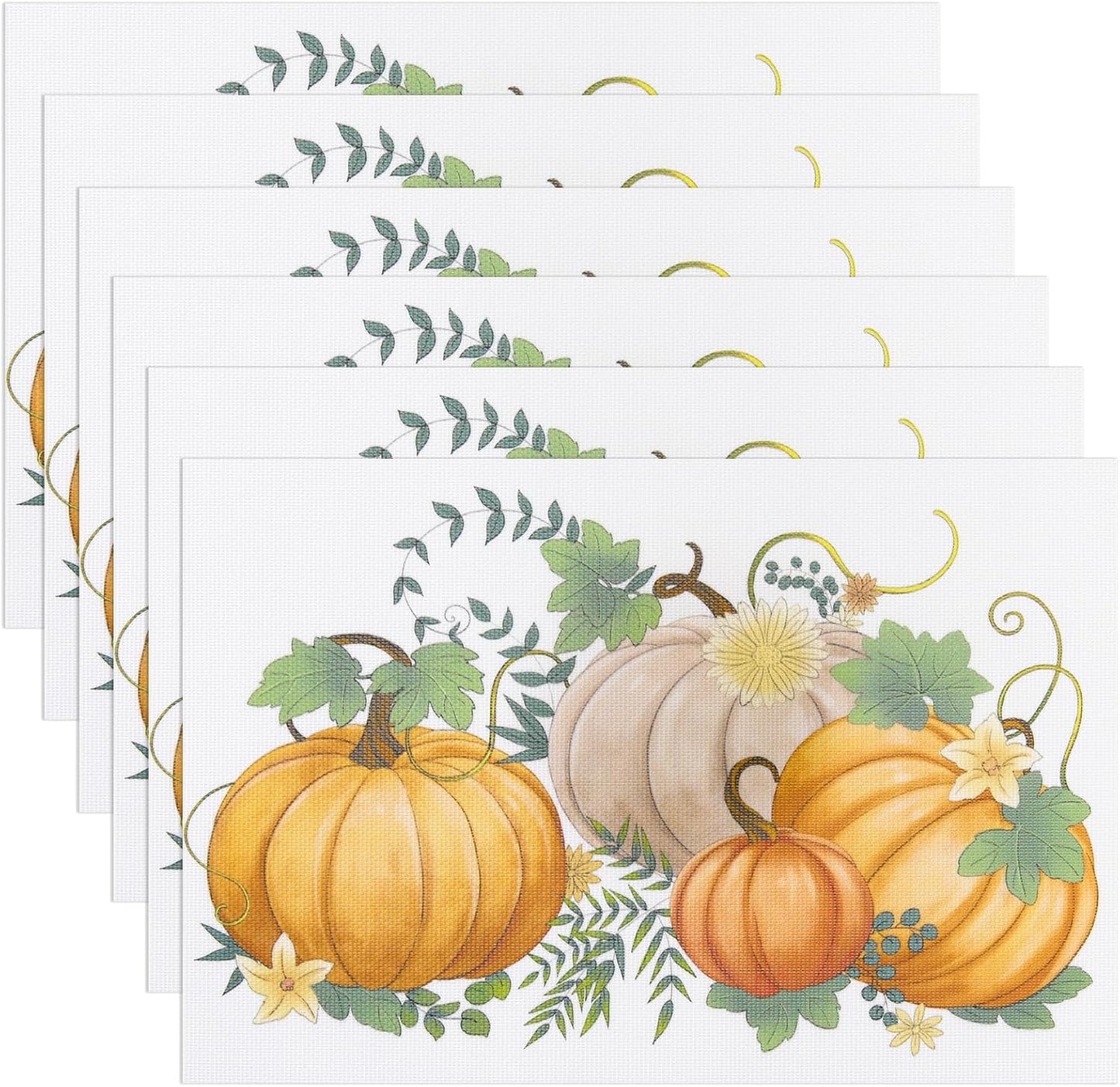 Thanksgiving Placemats Set of 6 Fall Place Mats Pumpkin Maple Leaves Table Mats Washable Non-Slip Heatproof Woven Placemats for Dining Table (17.7" X 11.8")