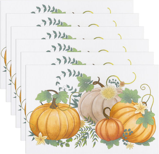 Thanksgiving Placemats Set of 6 Fall Place Mats Pumpkin Maple Leaves Table Mats Washable Non-Slip Heatproof Woven Placemats for Dining Table (17.7" X 11.8")