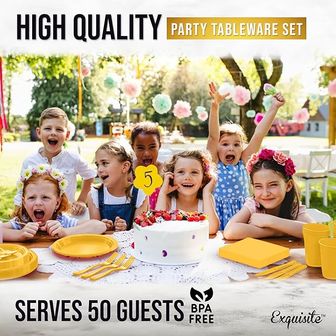 350 Pcs Yellow Plastic Plates For Party, Yellow Disposable Plates Set, 50 Of Each 9" Dinner Plate Set, 7" Dessert Plate, Cups, Napkins & Cutlery Plastic Dinnerware Exquisite