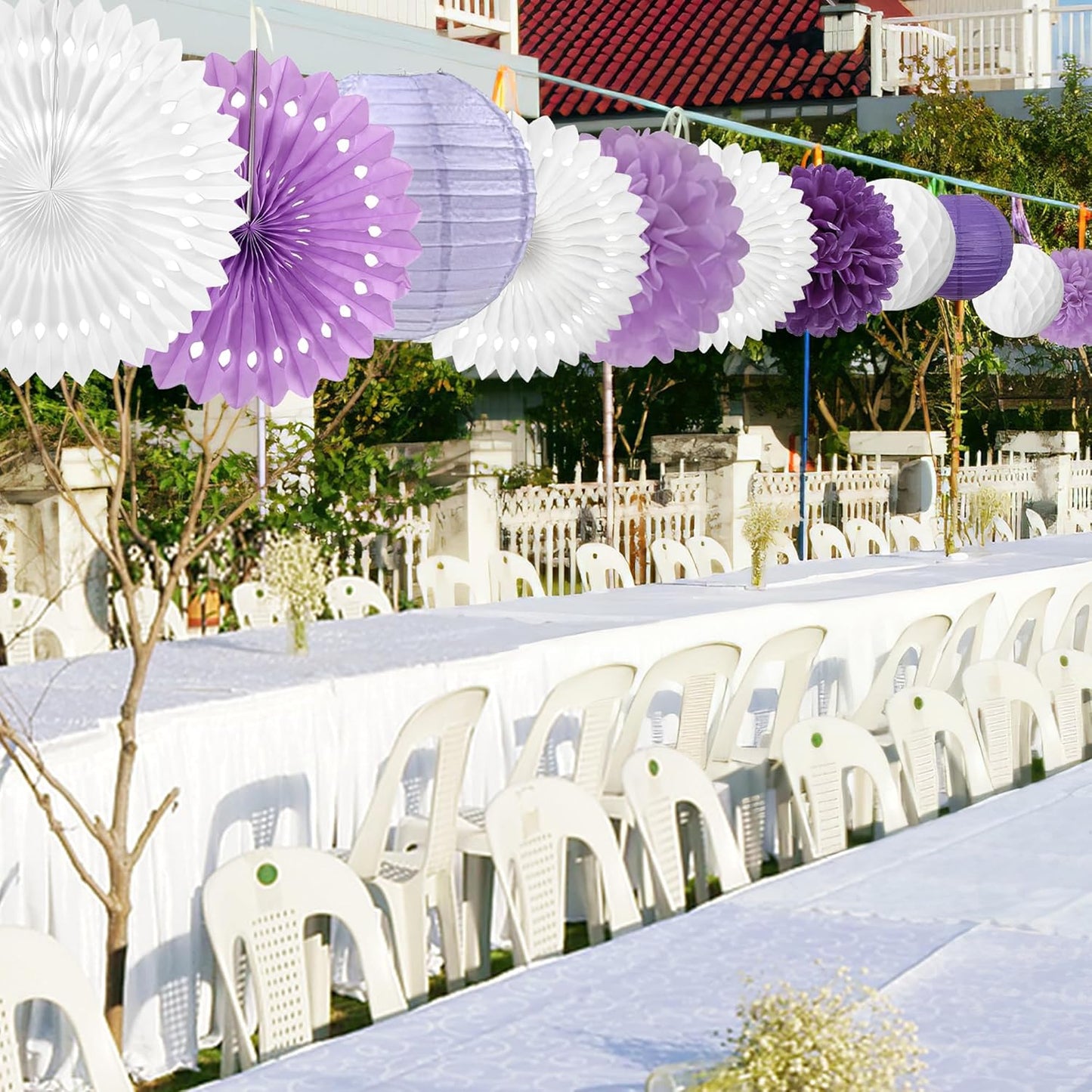 Purple and White Party Decorations Lavender Paper Fans Paper Lanterns Pom Poms Flowers for Baby Shower Birthday Wedding Engagement Party