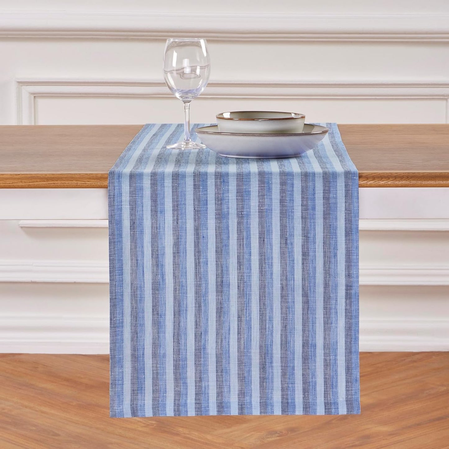 Solino Home Striped Linen Table Runner 60 Inches - Amalfi Stripe, 100% Pure Linen Bistro Blue Small Table Runner 14 x 60 Inch Ideal for Dresser and Coffee Tables