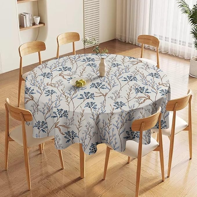 Abstract Geometry Leaf Tablecloth, Thanksgiving Autumn Harvest Fall Watercolor Blue Yellow Leaves Table Cover for Party Picnic Dinner Decor 50x50 Inch Round