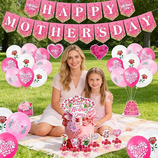 Happy Mother’s Day Party Decorations, Mom Pink Party Supplies Kit with Backdrop, Banner, Cake Topper, Cupcake Picks, Balloons & Hanging Swirls for Mother’s Day Celebration