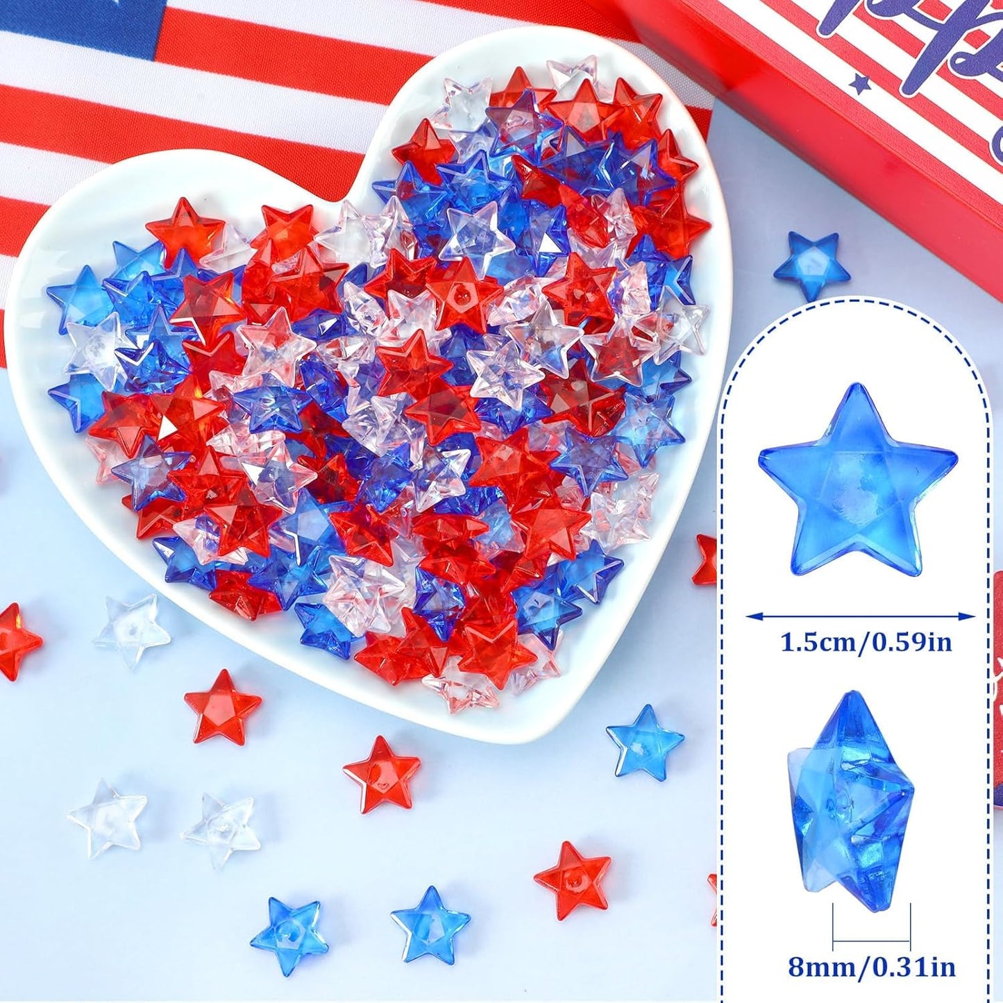 300pcs Patriotic Red Clear Blue Star Acrylic Crystals Gems Table Scatter Vase Filler for 4th of July Memorial Day Birthday DIY Crafts Home Party Decorations