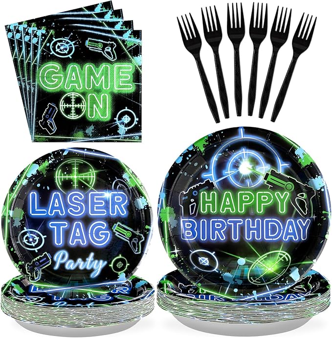 96PCS Laser Tag Birthday Party Decorations Laser Tag Party Plates Disposable Green Blue Laser Party Tableware Set for Kids Boys Girls Neon Glow Laser Tag Game Birthday Decorations, Serves 2