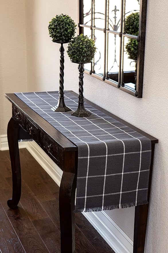 Sticky Toffee Cotton Table Runner 14x72 in – Gray Plaid Woven Table Décor for Kitchen or Dining Room, Farmhouse Style, Oeko-Tex Cotton