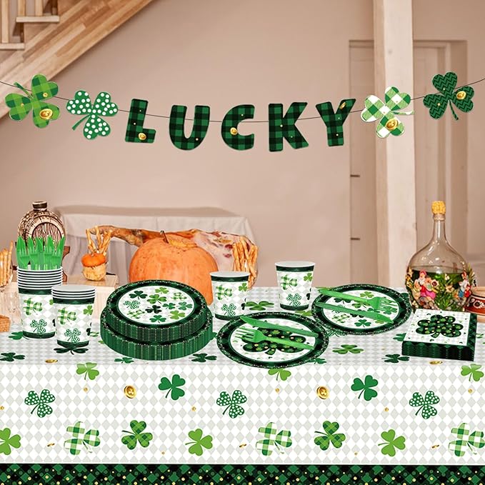 98PCS St Patrick's Day Party Supplies Green Irish Shamrock Tableware Set Lucky Shamrock Birthday Party Supplies St Patrick's Day Party Decorations Irish Shamrock Paper Plates and Napkins for 16 Guests