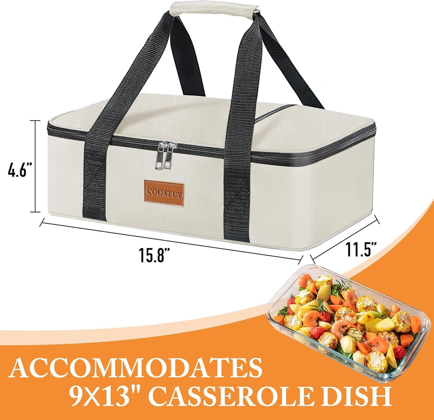 Insulated Casserole Carrier Fits 9"X13" Dish, Insulated Casserole Carry Bag for Hot or Cold Food, for Travel/Picnic/Party, Beige Single Layer, Durable Nylon with Zip Pockets, Leak-Proof