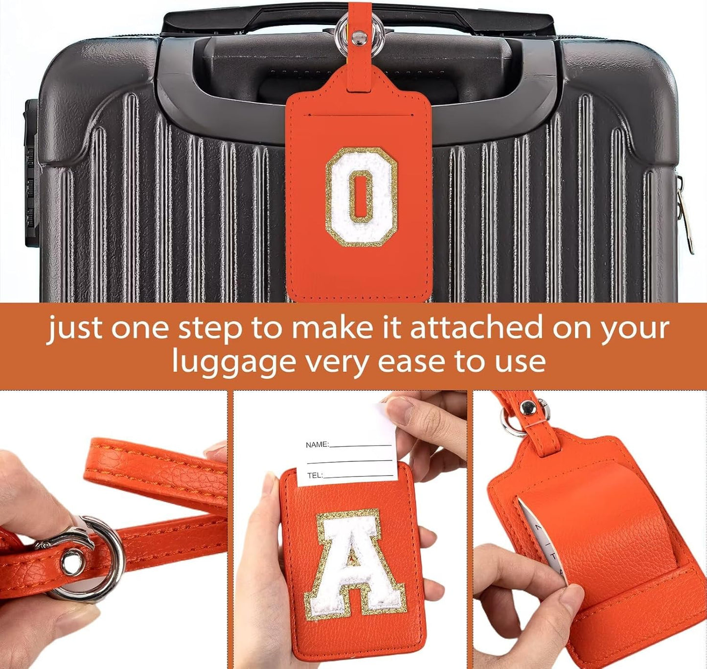 Personalized Initial Luggage Tags for Suitcases, Leather Chenille Letter Cute Luggage Tags with Privacy Name Card, Embroidered Travel Bag Backpack Tags Gifts for Women Kids Girls Teens(Orange-O)