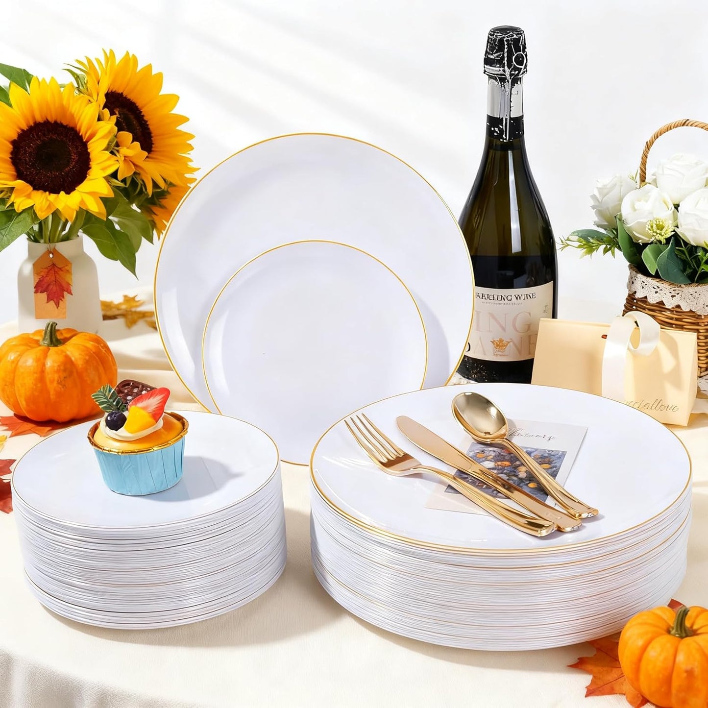 KIRE 200PCS Gold Plastic Plates - Disposable Plates for Party - White Plastic Plates with Gold Rim Include 100 for Dinner and 100 for Dessert/Salad in Wedding/Thanksgiving