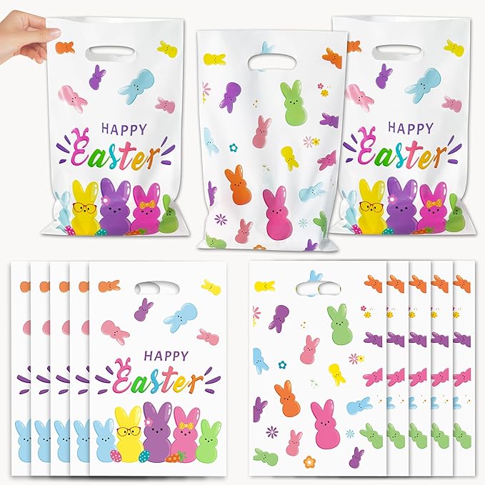 50Pcs Easter Bunny Peeps Party Favor Bag - Happy Easter Rabbit Plastic Waterproof Goodie Bag with Die Cut Handles Rectangular Candy Gift Bags for Kids Festival Decoration Party Favor Supplies