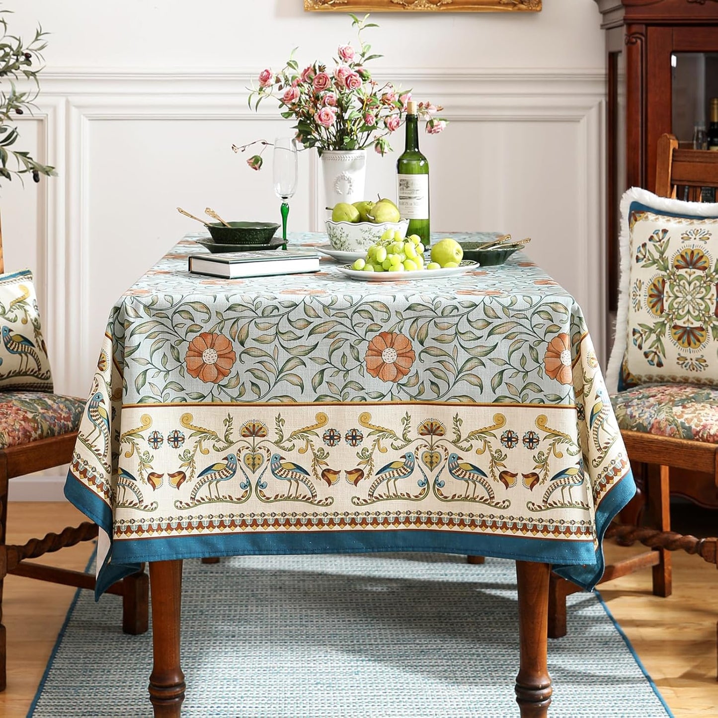 patdrea Designer French Linen Blue Tablecloth for Rectangle Table,Vintage Floral Table Cloth,Colorful Decoration Fall Cover Kitchen Dining for Thanksgiving,Tea Party,Christmas,55"x71"-Wensel