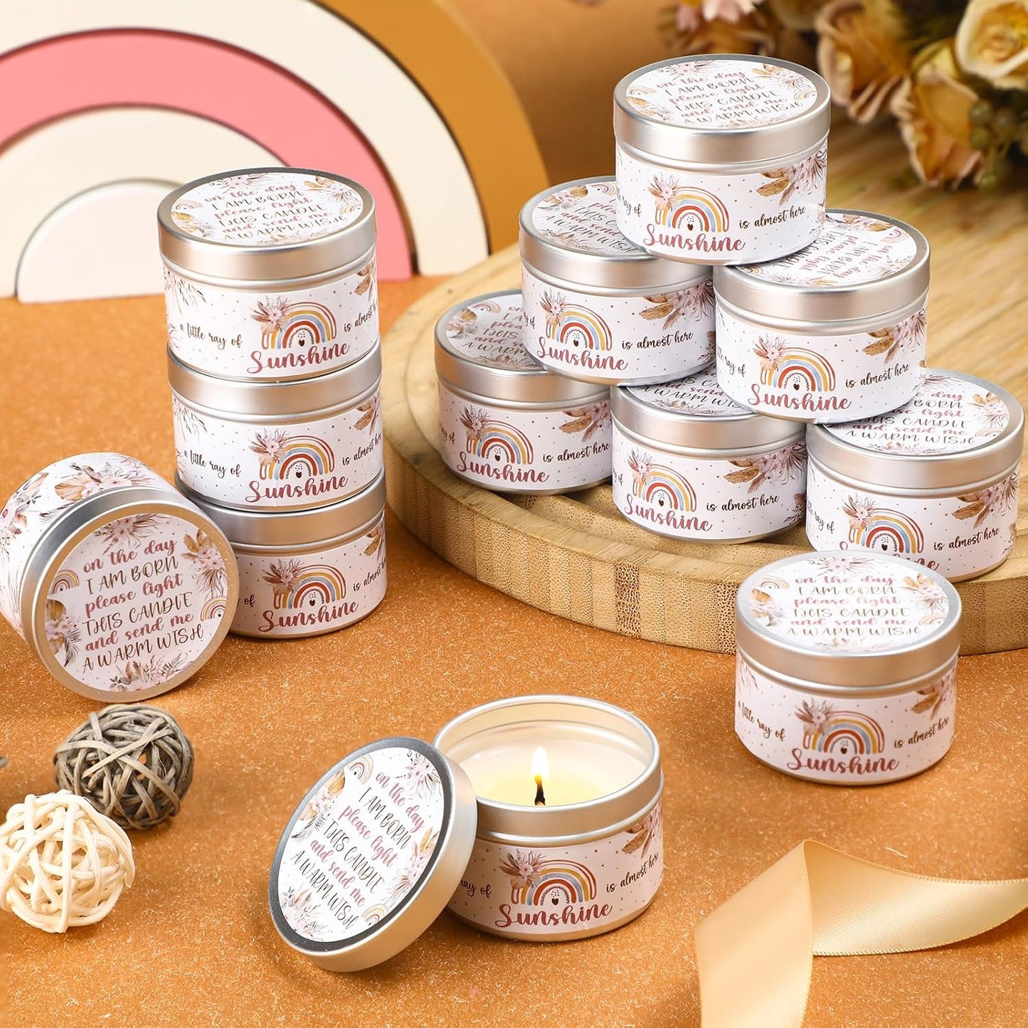 MTLEE 24 Pcs Boho Baby Shower Party Favors Candles Lavender Scented Baby Shower Favors for Guests Rustic Tealights Candles Gender Reveal Return Gifts Girl Boy(1.2 Oz, Khaki)