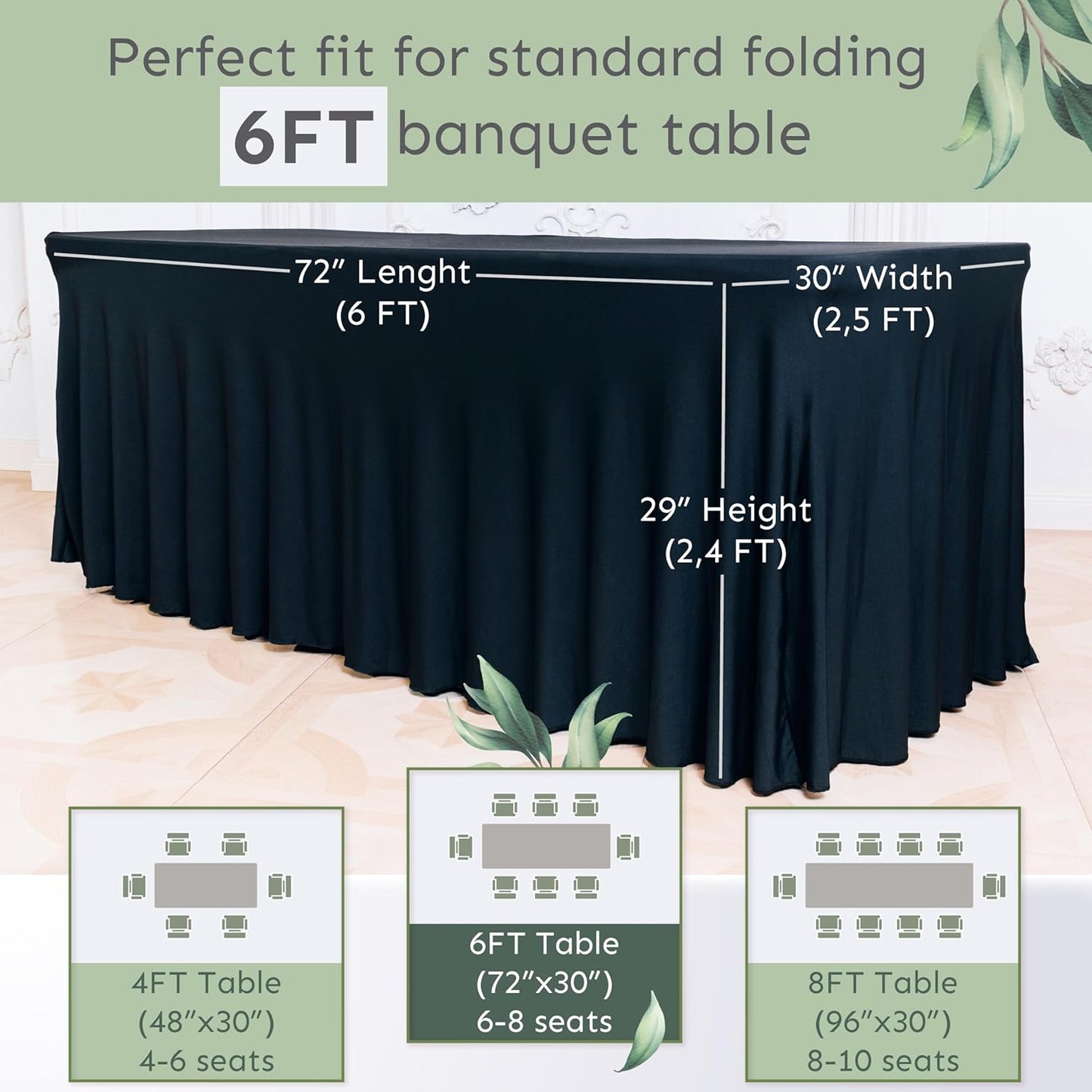 2 Pack Table Skirt for Rectangular Tables 6ft - Wedding Spandex TableCovers for Standard 6 Foot Table - One Piece Fitted Elastic Tablecloth - Great for Party, Events, Trade Shows (Pack of 2, Black)
