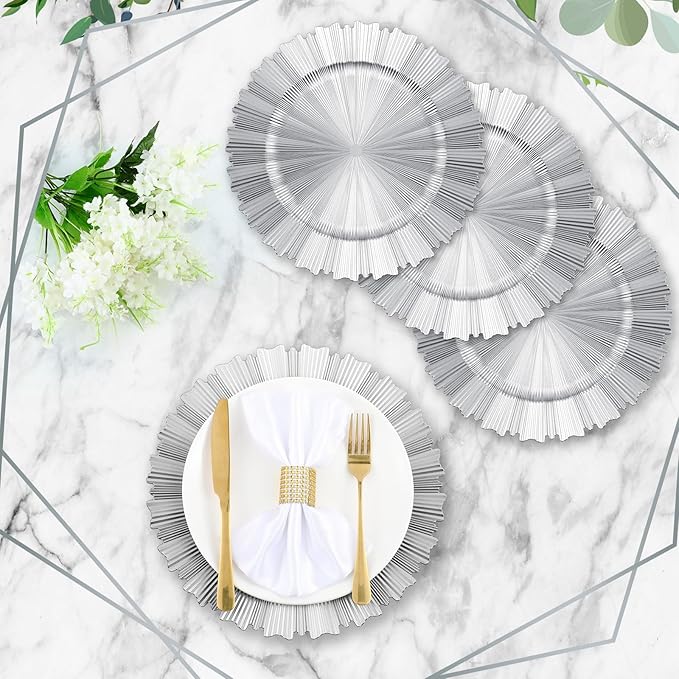 Mifoci 50 Pcs Bright Silver Charger Plates Bulk 13 Inch Plastic Round Chargers Fluted Edge Dinner Plate Wedding Decoration for Table Setting Wedding Party Event Tabletop