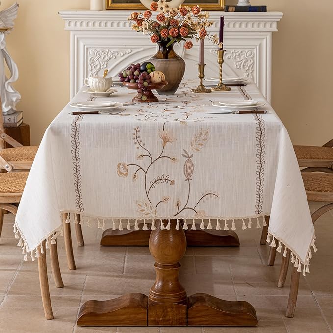 Joyfol Day Rustic Rectangle Table Cloth, Heavy Duty Linen Florals Embroidery Tablecloths, Farmhouse Waterproof Tablecloth, Wrinkle Free Table Cover with Tassels, Coffee Berry, 55''x 86''
