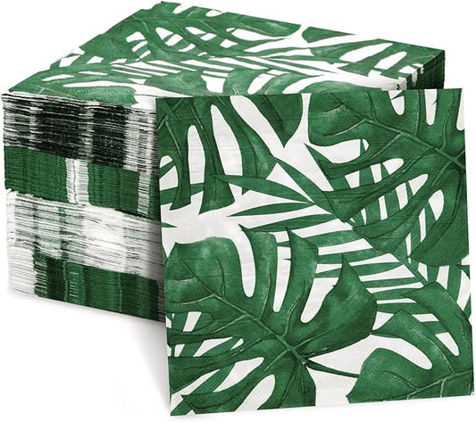 BLUE PANDA Tropical Napkins Palm Leaf Design - 6.5 x 6.5 in Folded, 150 Count, 2-Ply, Green & White - Tropical Leaf Cocktail & Tiki Napkins for Luau & Jungle Themed Parties