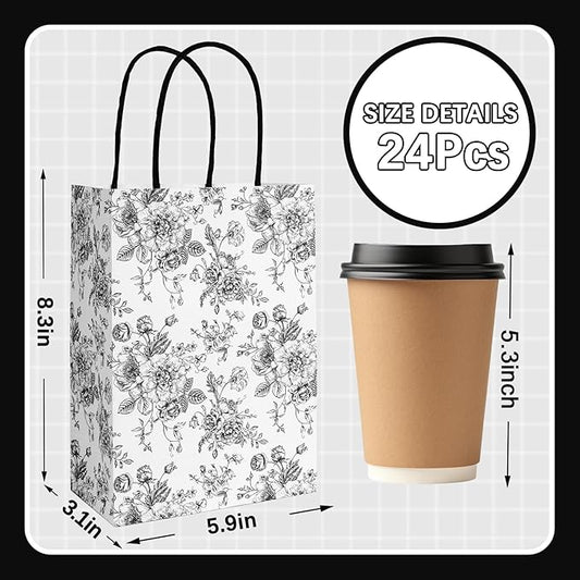 JarThenaAMCS 24Pcs Black Floral Kraft Paper Bags with Handles Chinoiserie Treat Gift Bags Vintage Flower Candy Goodie Bag for Wedding Birthday Baby Shower Party Favors Supplies