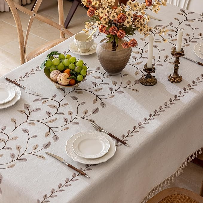 Joyfol Day Rectangle Linen Tablecloth, Heavy Duty Waterproof Tablecloths, Farmhouse Embroidery Leaves Table Cloth with Tassels, Soft Wrinkle Free Table Cover, Coffee Vines, 55''x 102''