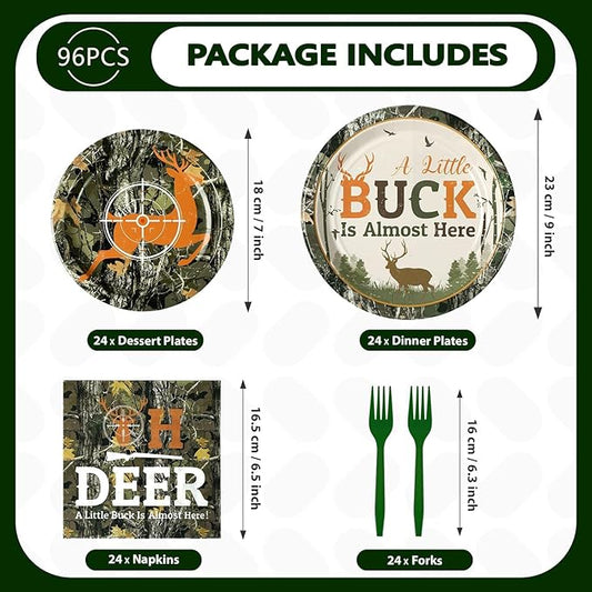 Grencian 96Pcs Hunting Deer Camo Baby Shower Supplies Oh Deer Plates and Napkins A Little Buck is Almost Here Tableware for Outdoor Camping Picnic Hunting Themed Baby Shower Decorations Serves 24
