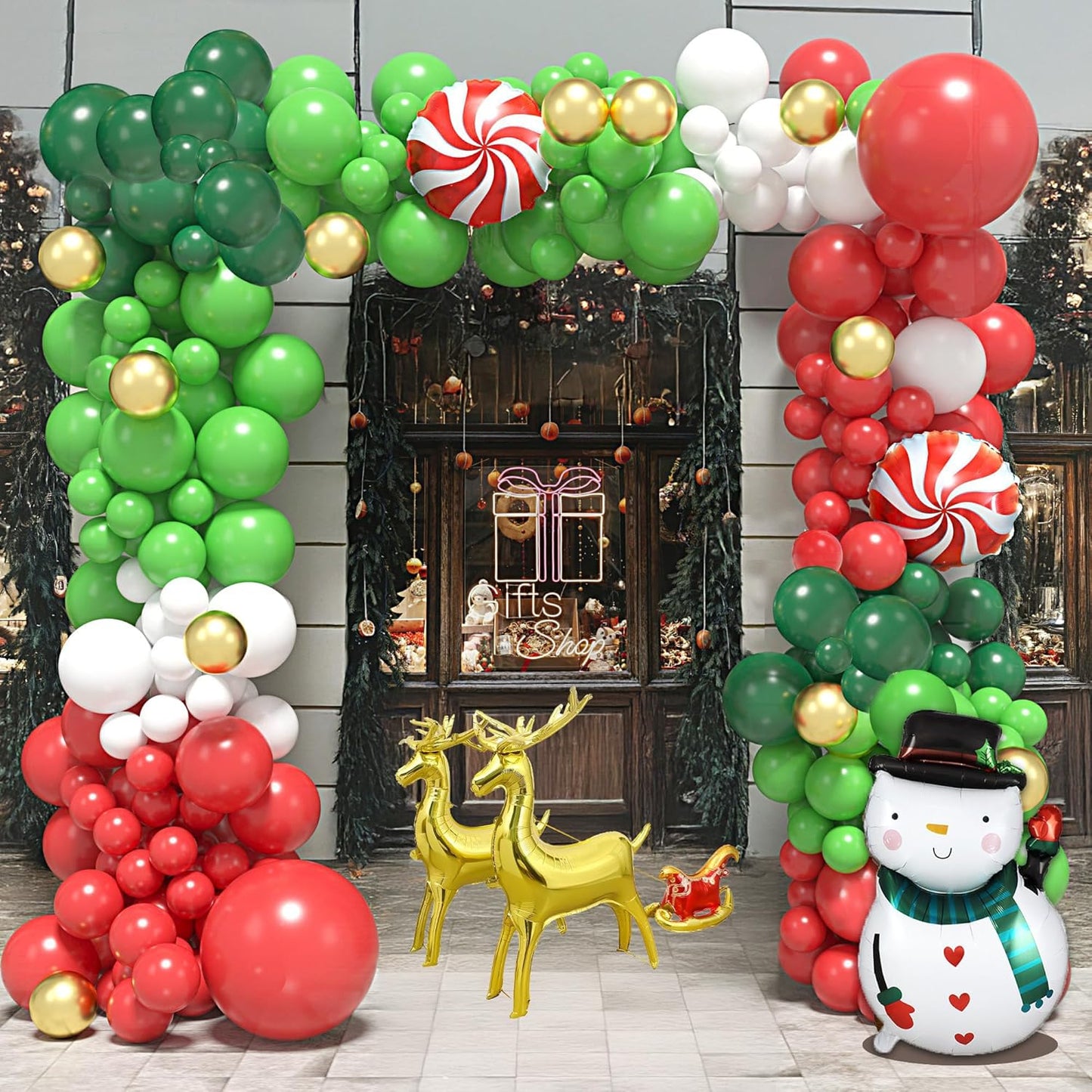 183Pcs Christmas Balloon Garland Arch Kit with Red Gold Green White and Xmas Gingerbread Candy Cane Lollipop Sled Reindeer Foil Balloons for Christmas Party New Year Decorations Supply