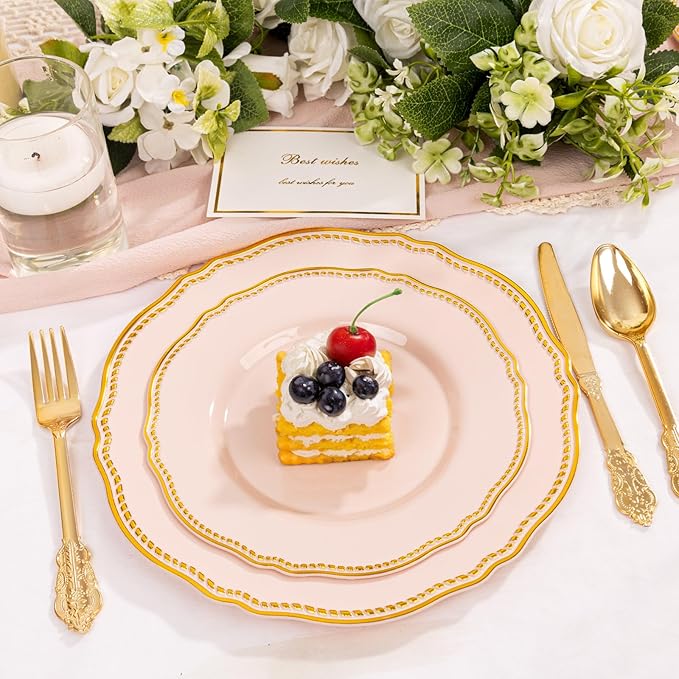 Hioasis 60pcs Pink Plastic Plates - Pink and Gold Disposable Dinnerware with Gold Rim, Heavy-duty, 7 inch, Dessert Plates for Party & Easter