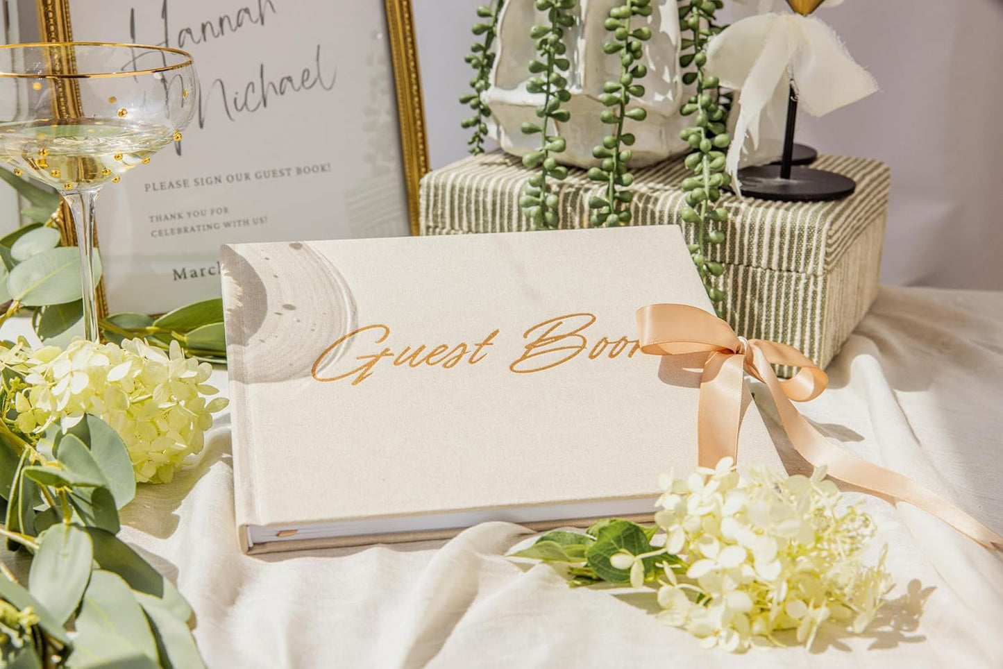 Elegant Wedding Guest Book-Wedding Memory Book w/Keepsake Pocket+Bow Closure, 9x7in Linen Cover, 150 Lined Pages - Party Essentials for Weddings, Bridal/Baby Shower, Funeral and Other Special Events