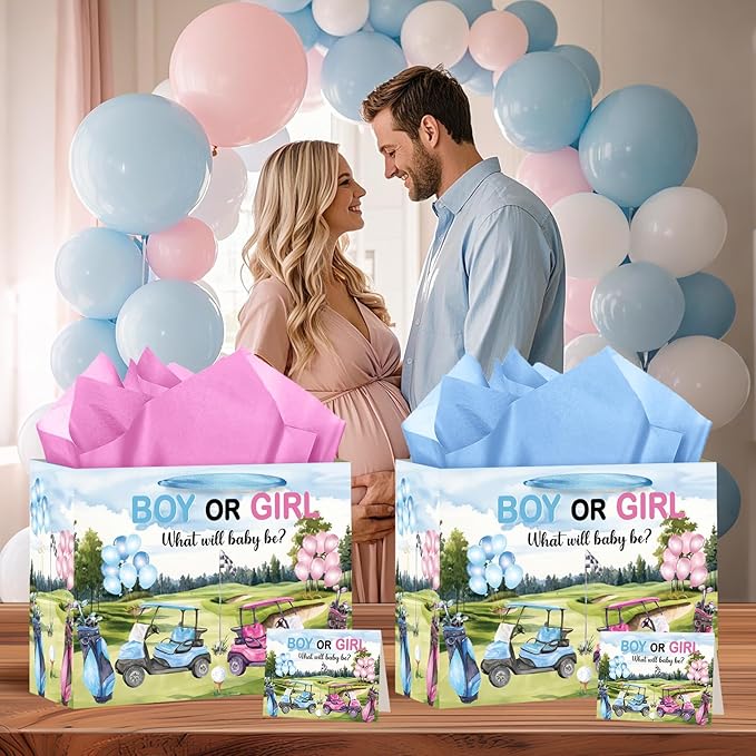 TagreSpike Golf Theme Gender Reveal Gift Bag with Tissue Paper & Card, Boy or Girl Paper Treat Bag for What Will Baby Be Golfing Party Decorations, Blue & Pink Baby Shower Supplies