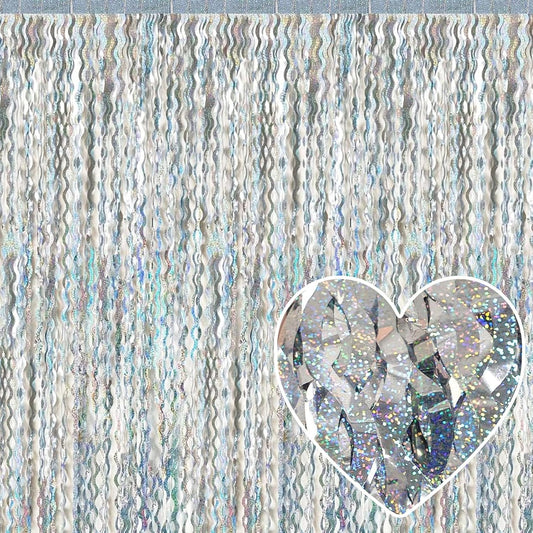 4 Pack Silver Fringe Curtain Backdrop 3.2Ft x 8.2Ft Metallic Tinsel Foil Fringe Streamers Background for Photo Booth, Easter, Mother's Day, Bachelorette, Wedding, Birthday Party Decoration