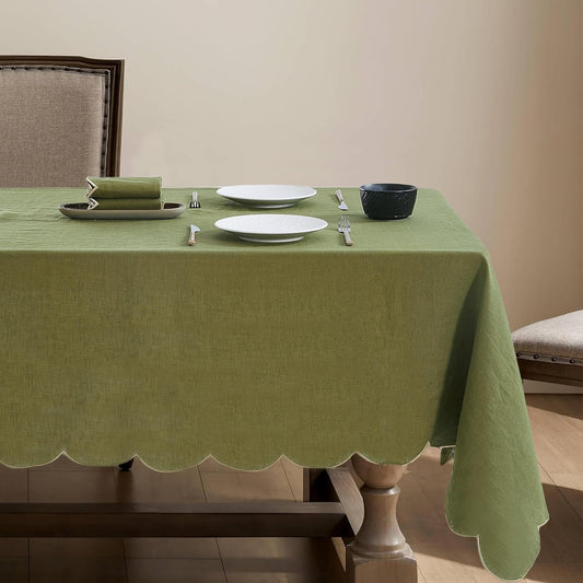 100% French Flax Linen Tablecloths Scalloped Embroidery Rectangle 120Lx60W Inch for Dinners, Parties, Spring, Machine Washable, 10-12 Sets, Olive Green(Edges-Gold)