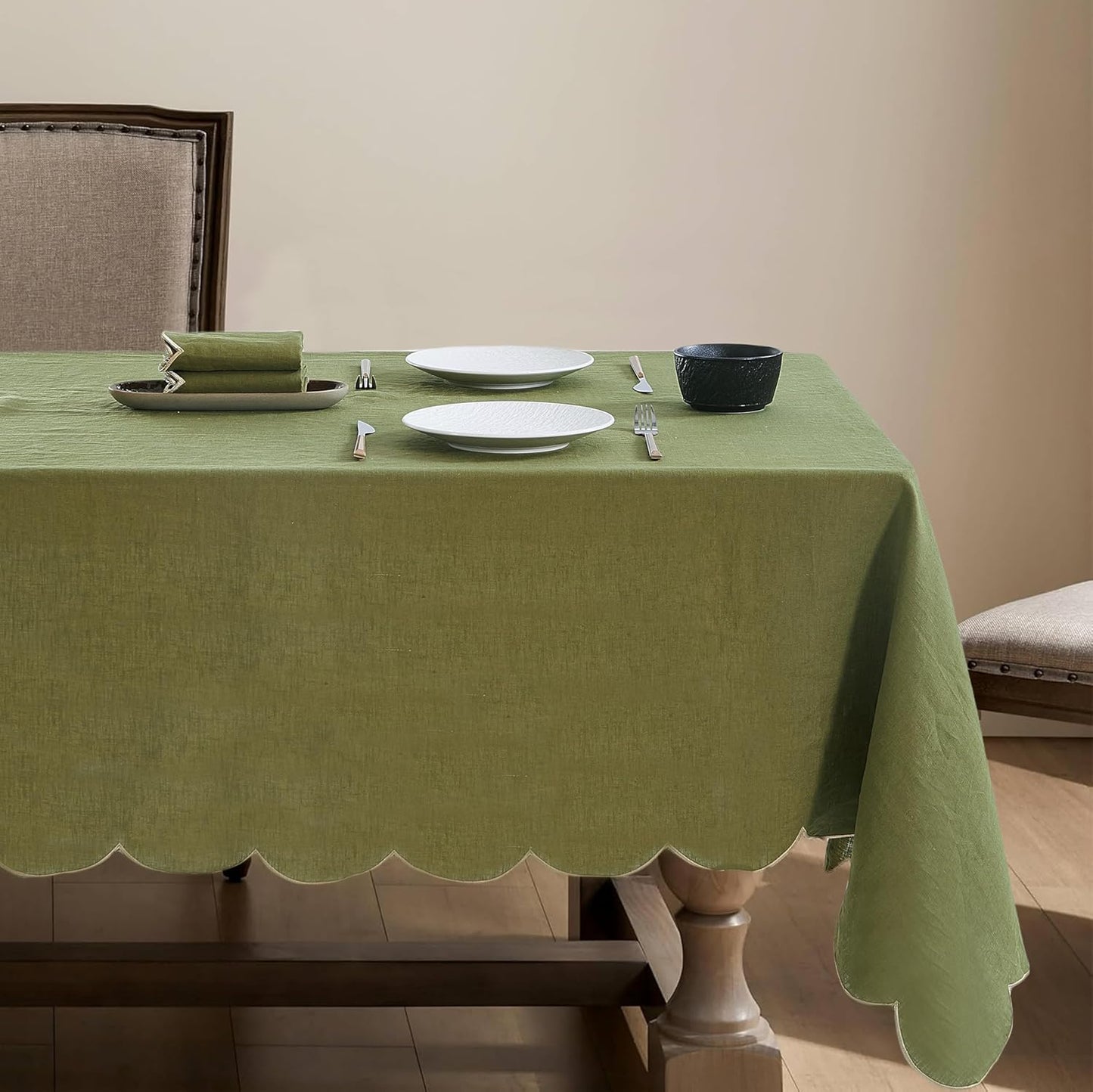 100% French Flax Linen Tablecloths Scalloped Embroidery Rectangle 84Lx60W Inch for Dinners, Parties, Spring, Easter, Machine Washable, 6-8 Sets, Olive Green(Edges-Gold)