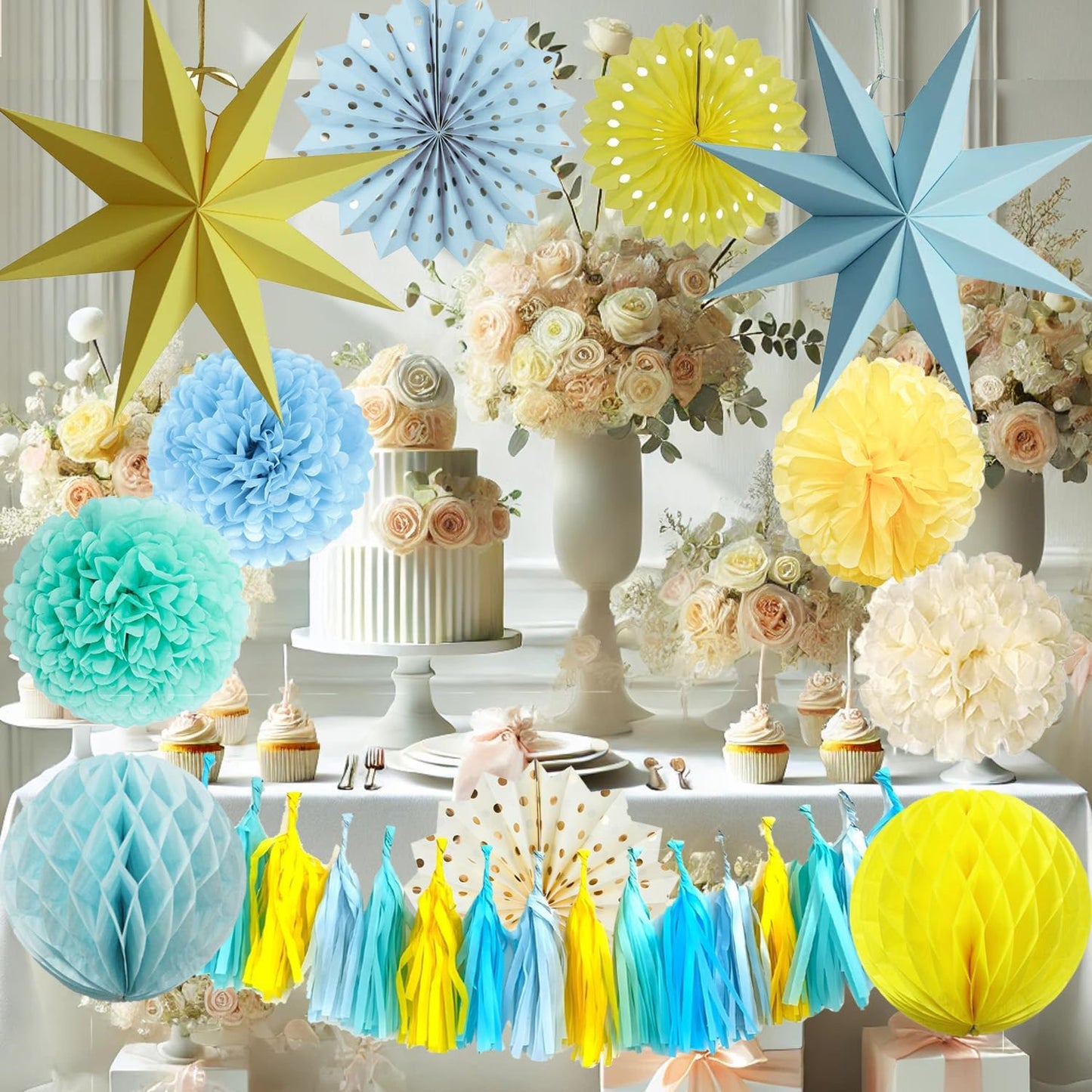 Blue Yellow Party Decorations, Blue Yellow Birthday Decoration,15PCS Blue Decorations for Women Men Girl Boy,Hanging Backdrop Decor for Bear Birthday,Winne Baby Shower,Bridal Shower,Garden Party