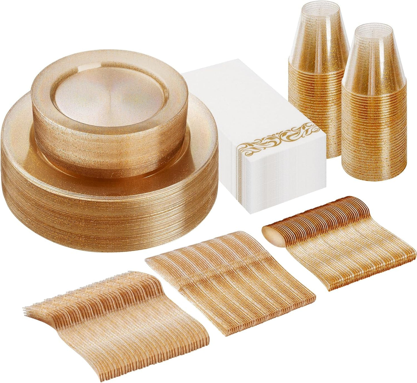 Goodluck 175 Piece Dinnerware Set for 25 Guests, Plastic Plates Disposable for Party, Include: 50 Gold Glitter Plastic Plates, 25 Paper Napkins, 25 Cups, 25 Gold Glitter Silverware Set