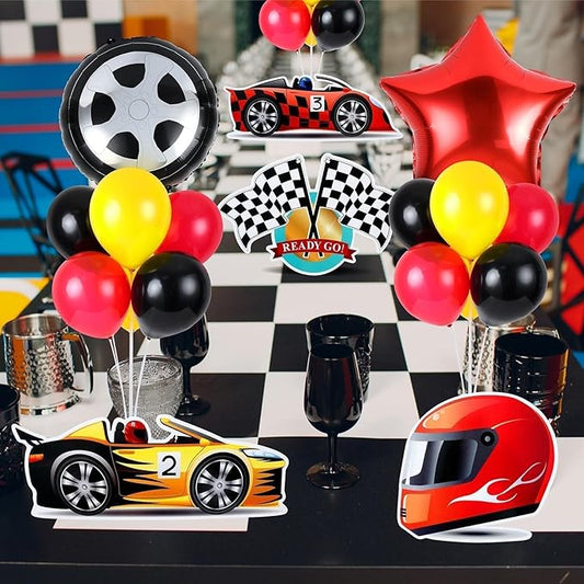 6 Sets Race Car Party Balloons Stand Kit Racing Car Table Centerpieces Decor Red Black Yellow Balloon Race Car Birthday Party For Boys Let's go Birthday Racing Sports Themed Decorations